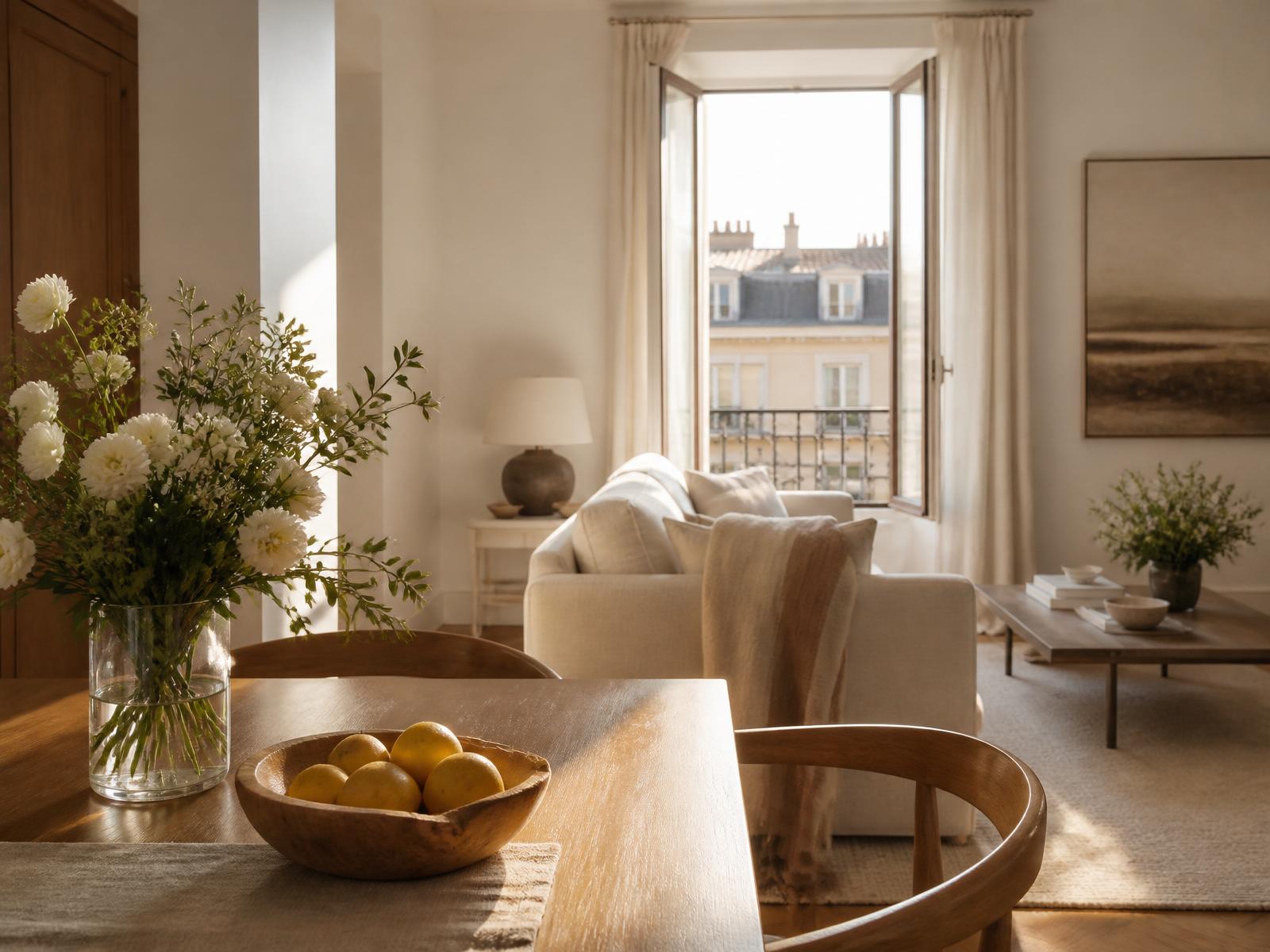 A prepared apartment interior at first light