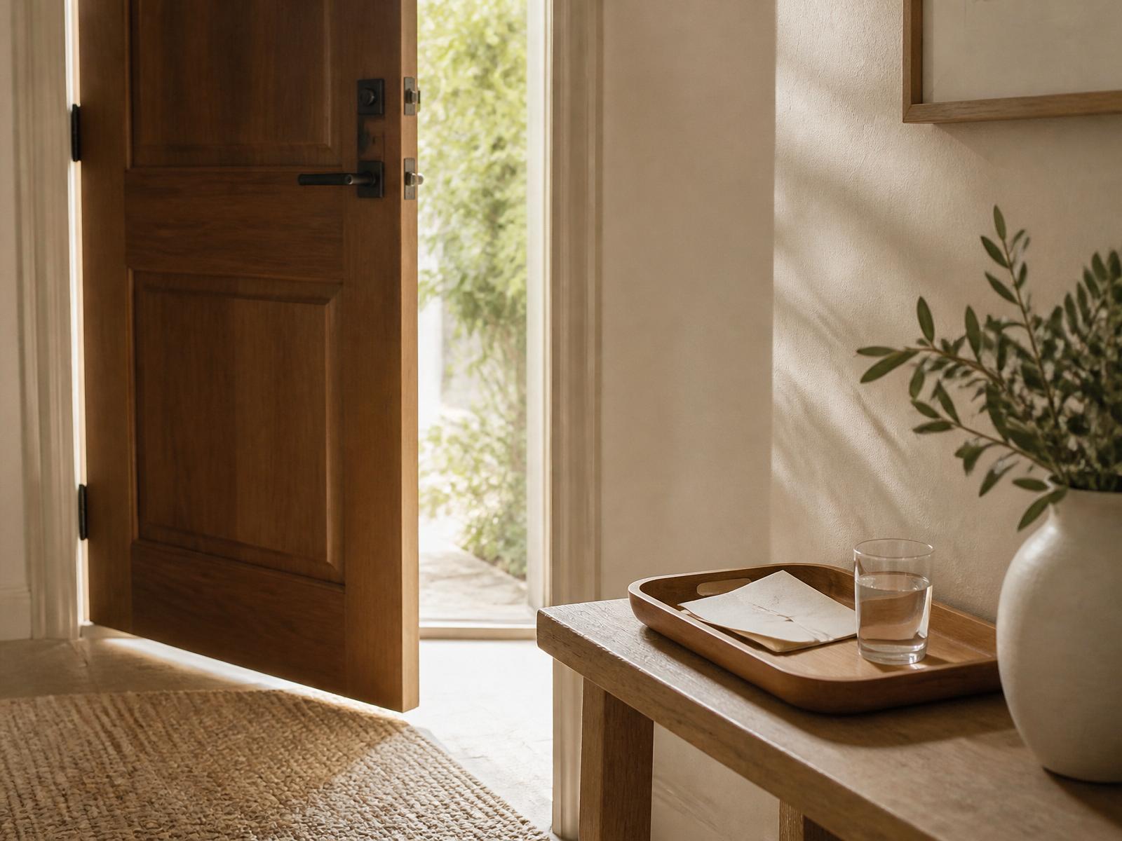 A wooden entrance door slightly ajar, welcome tray inside
