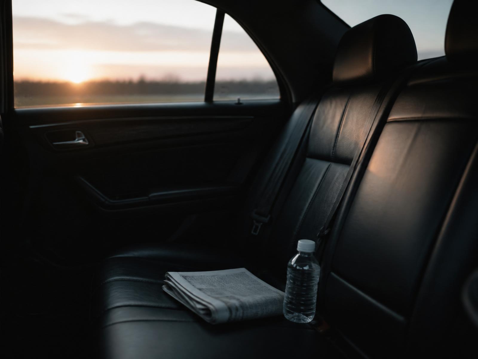 Interior of a quiet car at dawn with a folded newspaper waiting