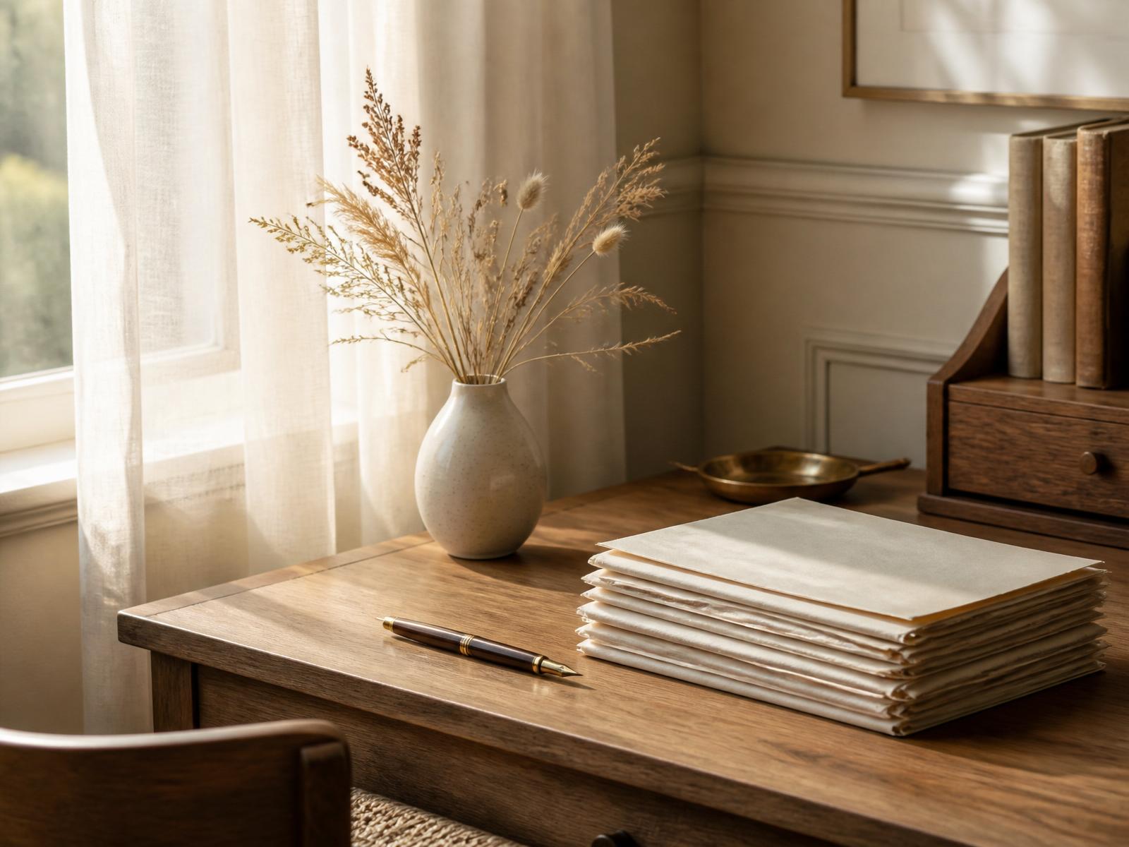 A ceramic vase with an olive branch, resting on warm wood in morning light