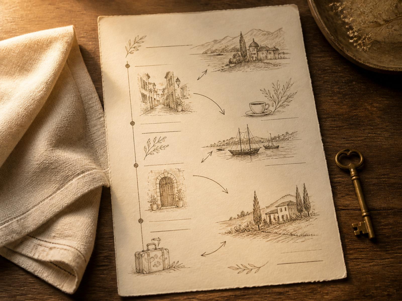 A handwritten itinerary on cream paper beside a linen napkin