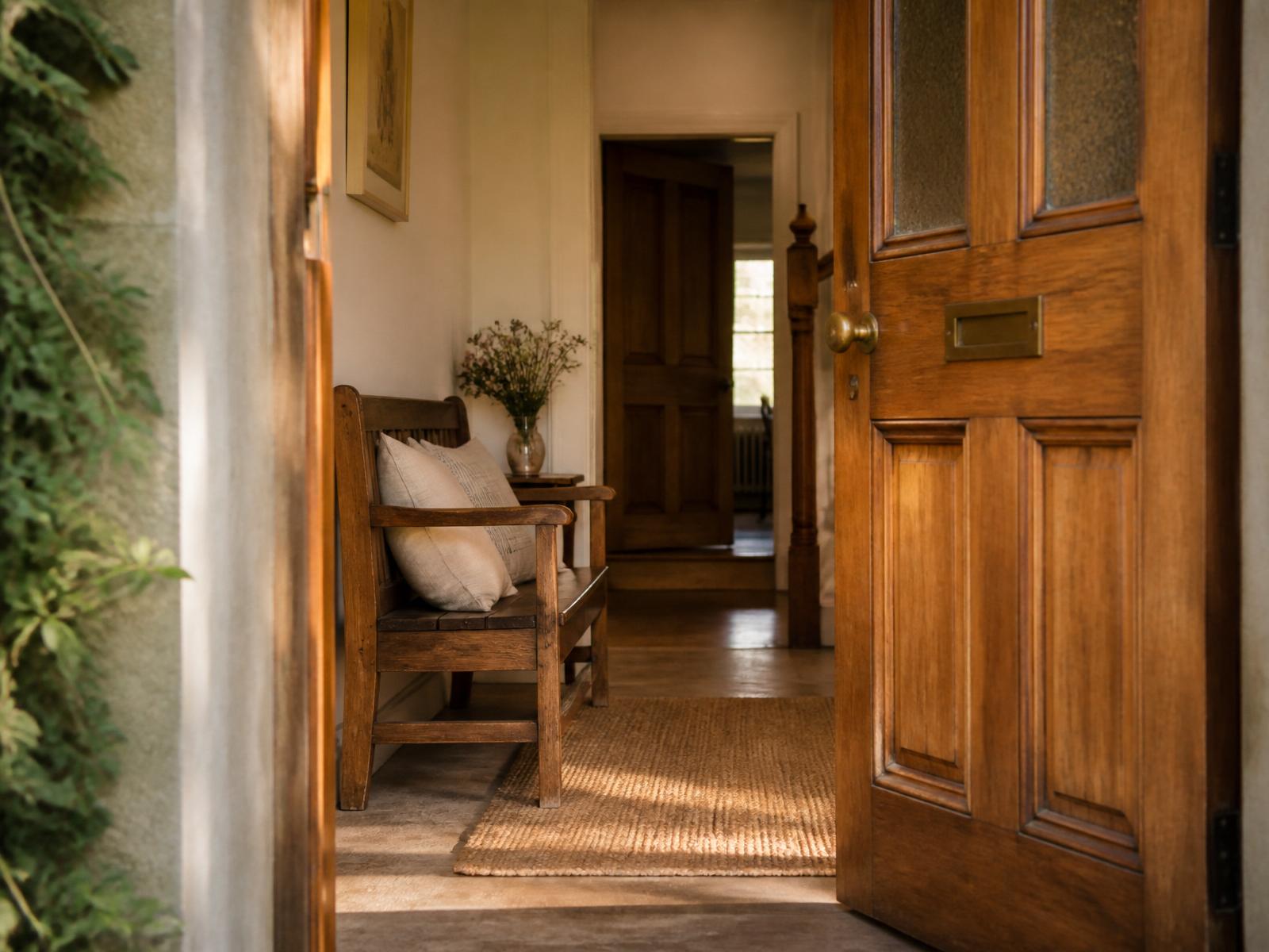 An open wooden door letting warm daylight into a quiet entrance