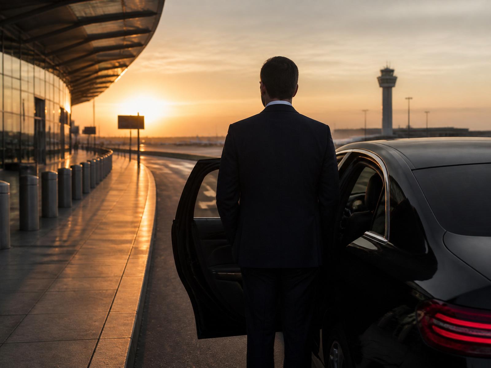 A driver in a dark suit standing quietly beside a car at dawn