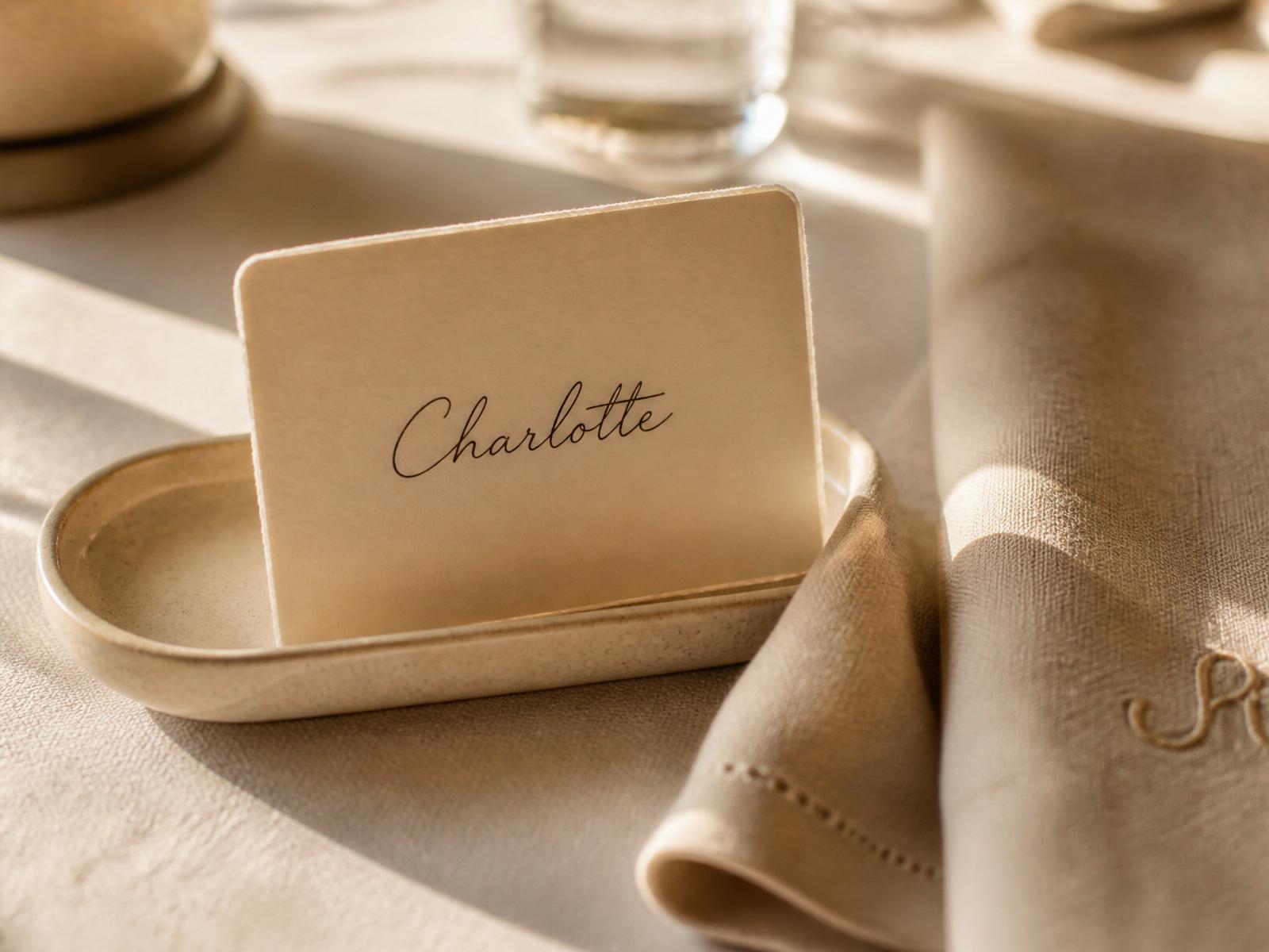 A handwritten name card on a small ceramic tray beside a folded linen napkin