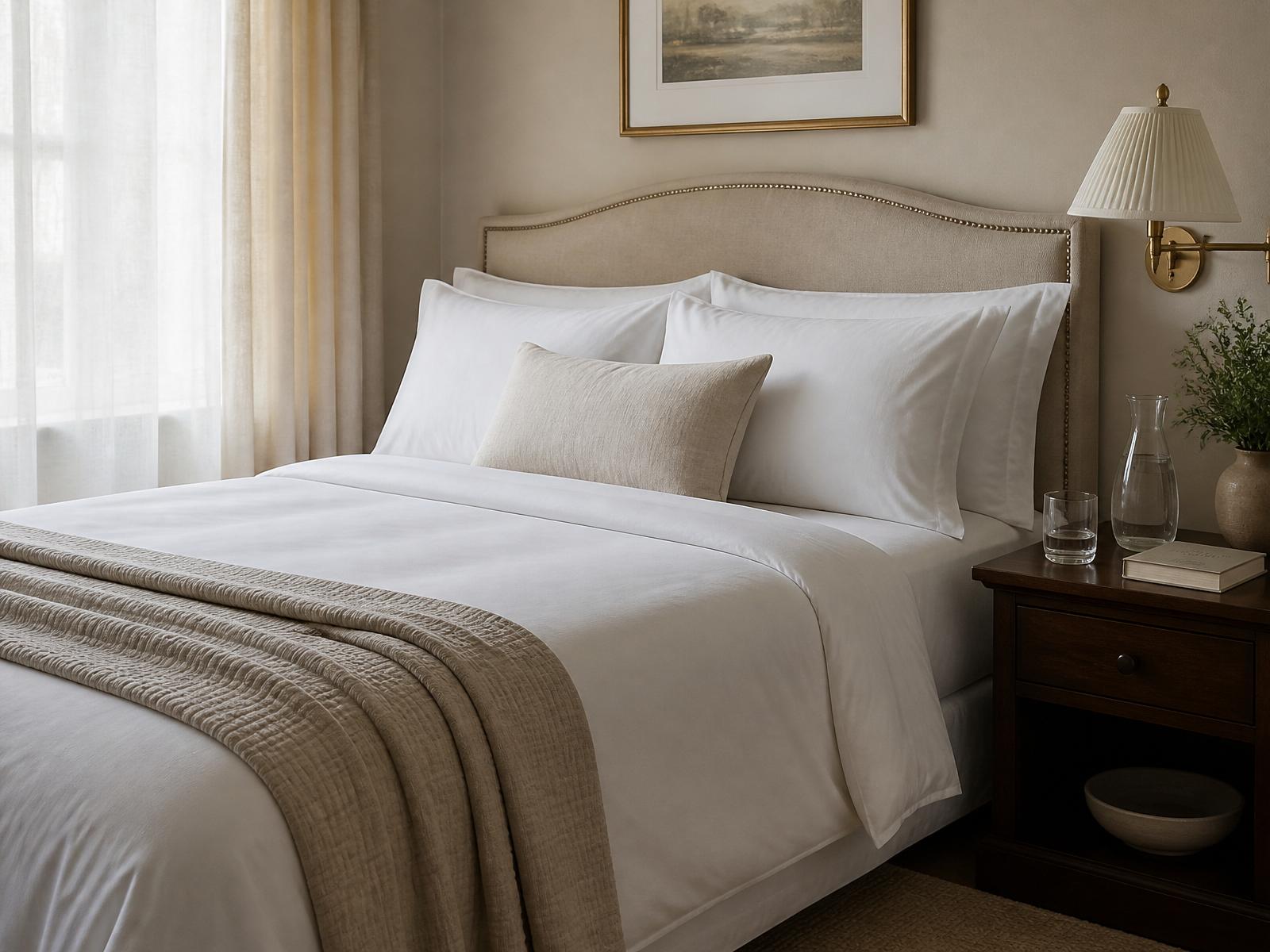 A quiet bedroom with fresh linen, a book, a glass carafe on the nightstand