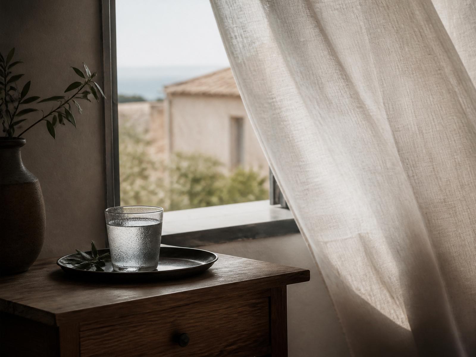 A glass of water on a small tray by an open window