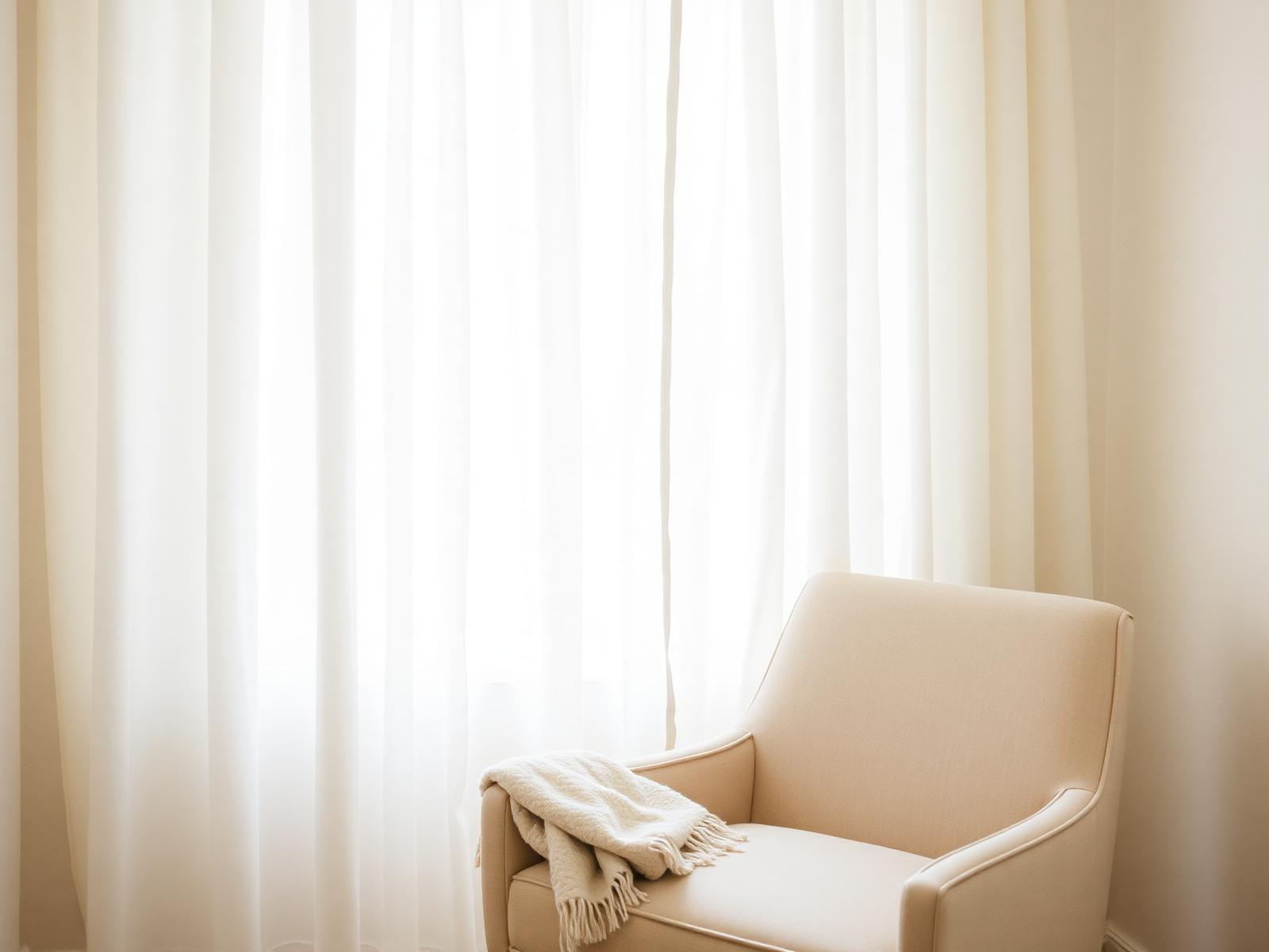 An empty armchair by a window with a folded throw