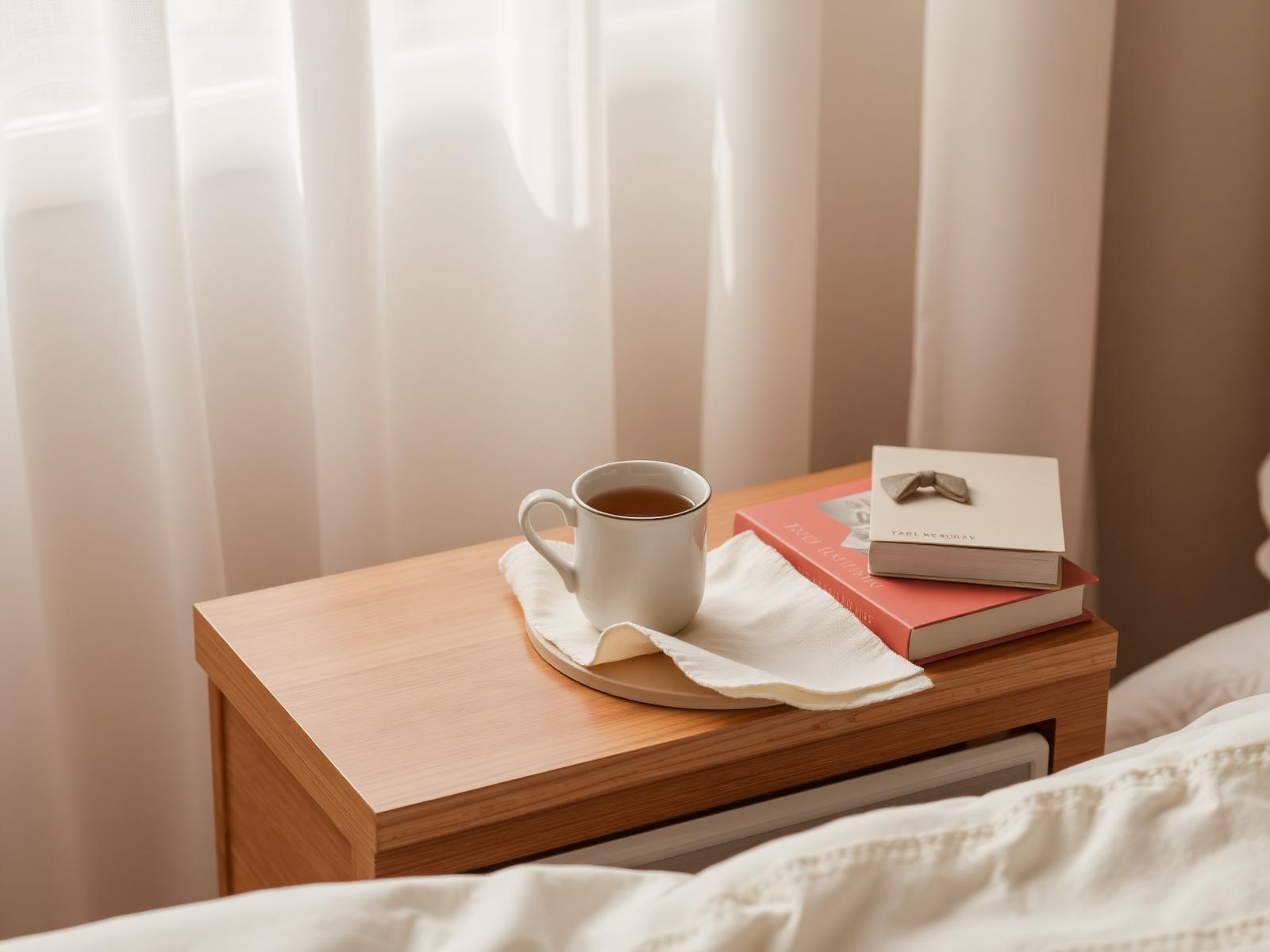 A cup of tea and a folded linen napkin on a bedside table