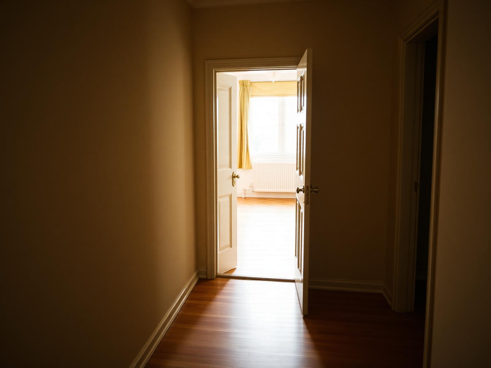 A calm hallway with a door half open onto a quiet room
