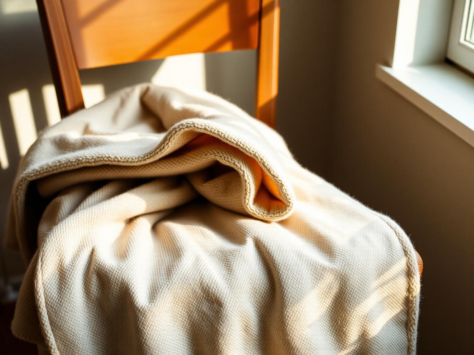A wooden chair by a window with a folded blanket in afternoon light