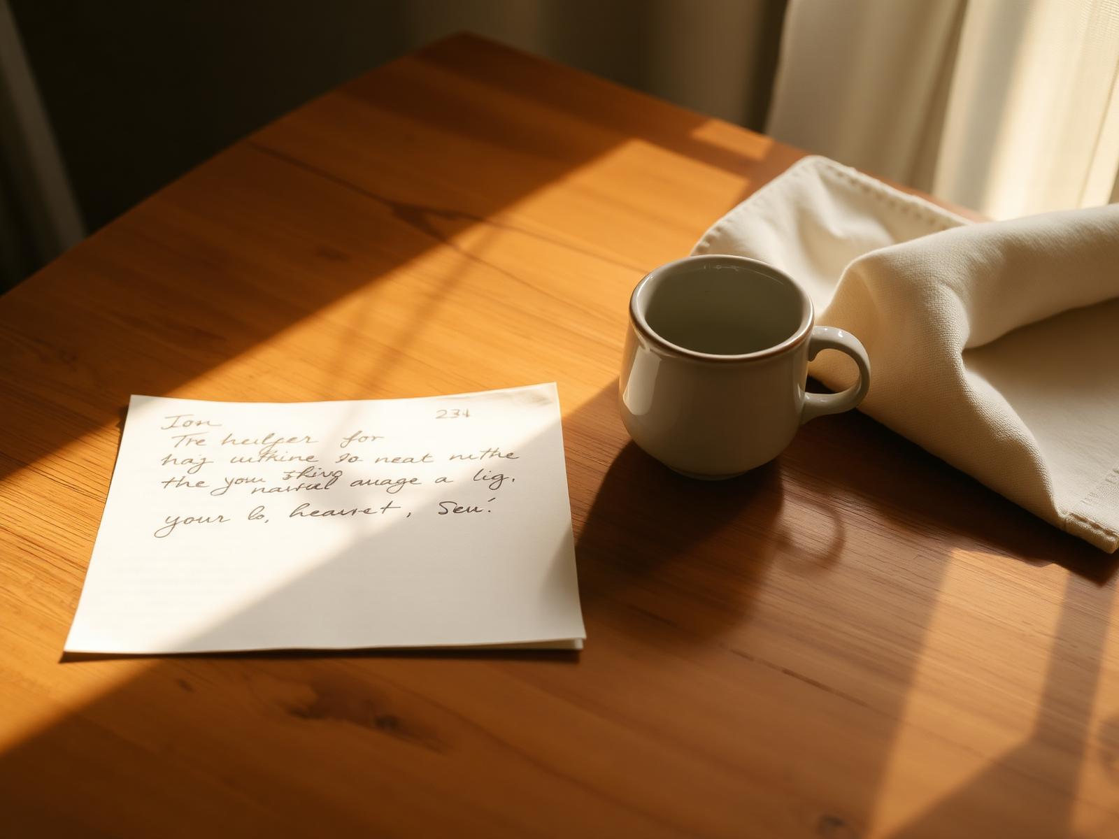 A ceramic cup and a handwritten note on a wooden table in warm light