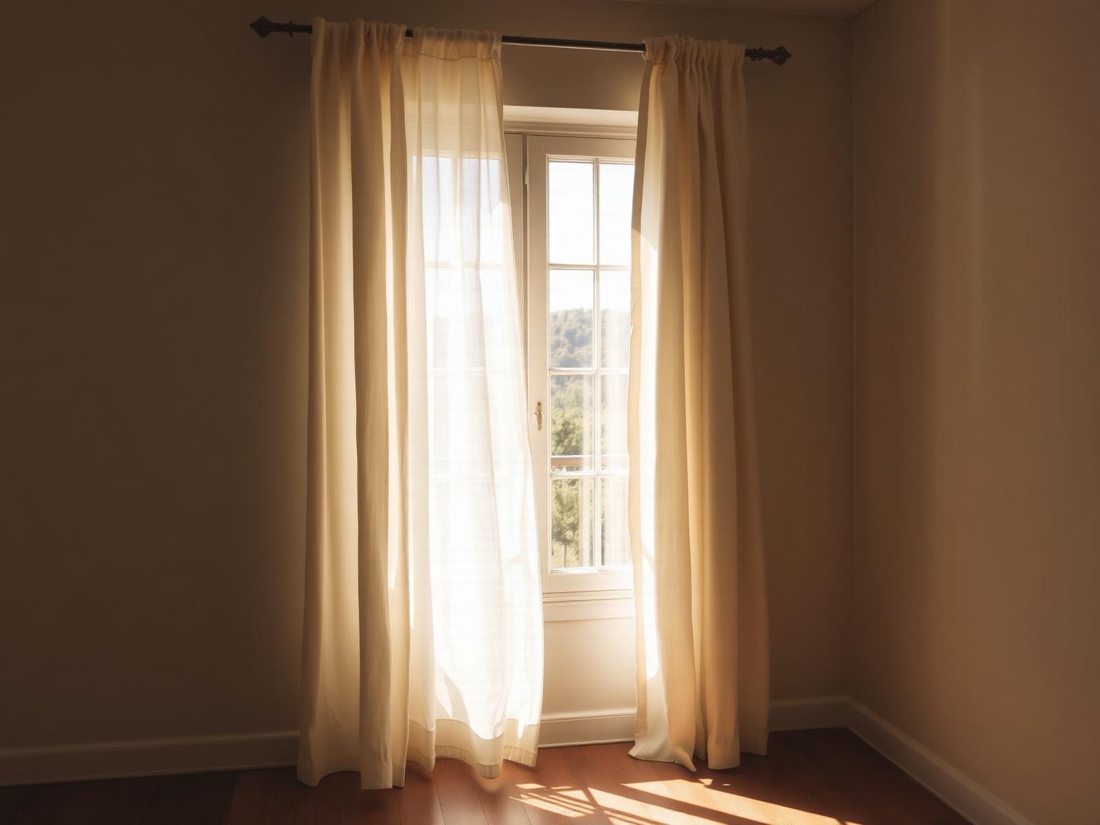Sheer linen curtains stirring at an open window in warm daylight